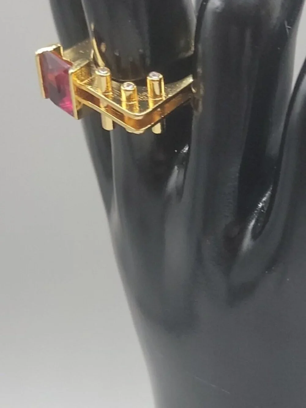 VTG Gold Vermeil Geometric Statement Ring Emerald Cut Pink Red Crystal 925 8.6